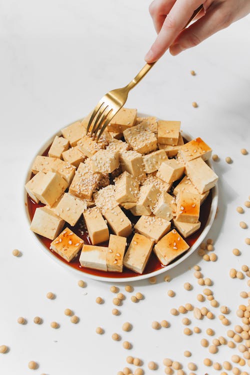 Person Holding Golden Fork and Brown Tofu on White Plate