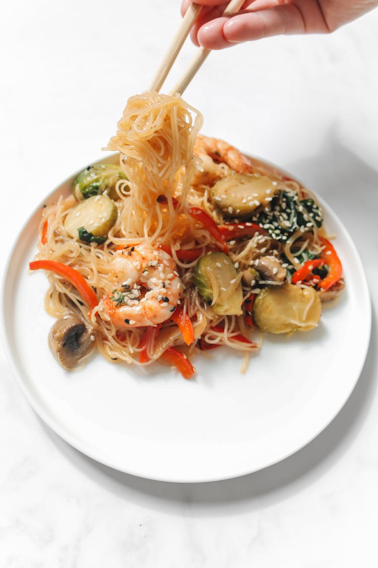 Photo Of Noodle Dish With Shrimp On White Ceramic Plate