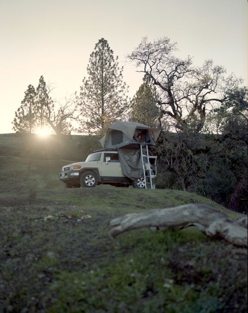 Free White off road car with tent parked on hilly terrain near green trees in sunset during active tourism in nature Stock Photo