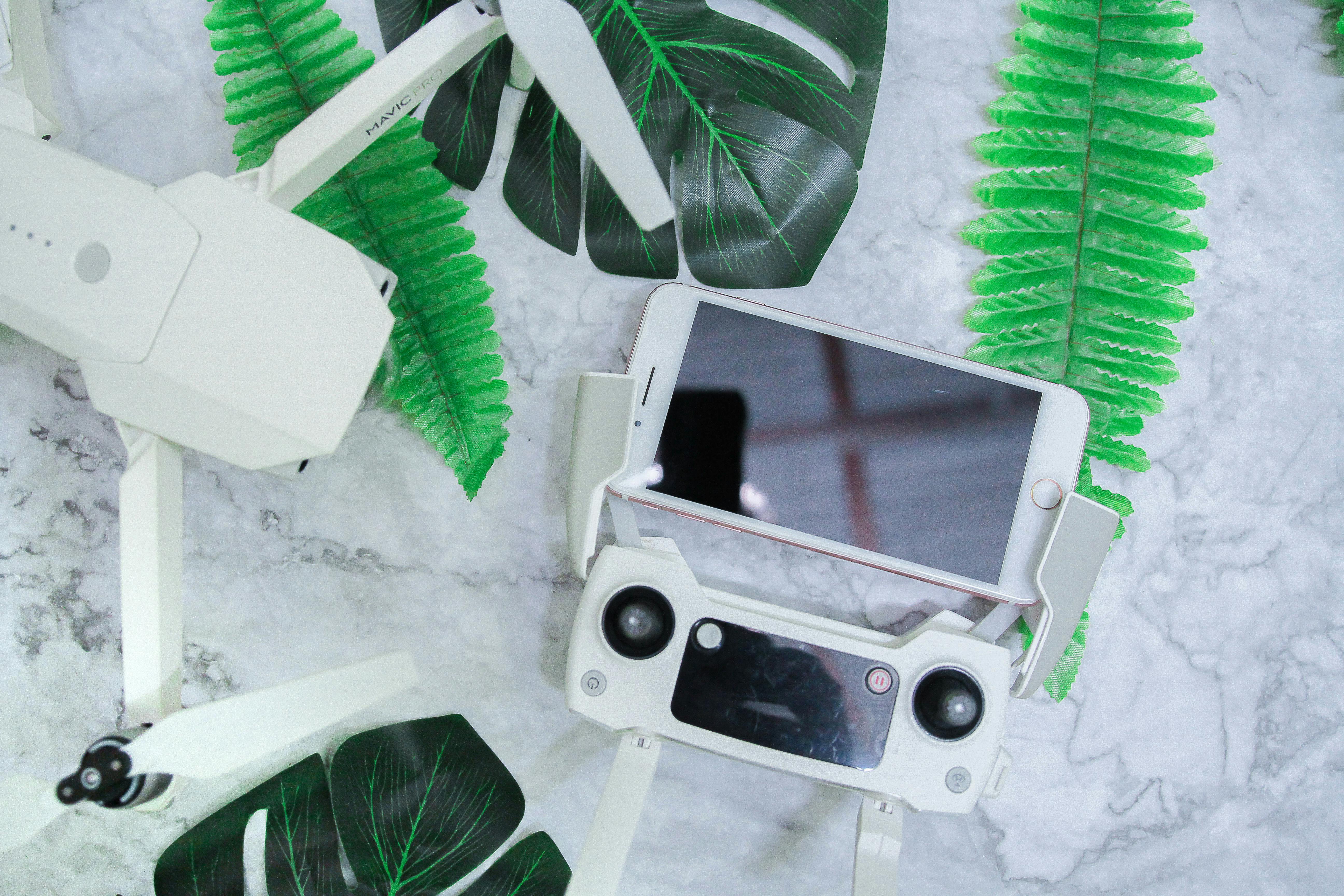 gadgets placed on marble table