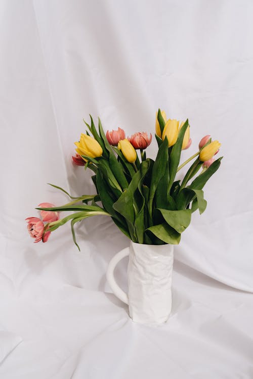 Yellow and Pink Tulips in White Ceramic Vase