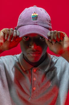 Concentrated African American male in casual wear touching cap with ornament while looking at camera