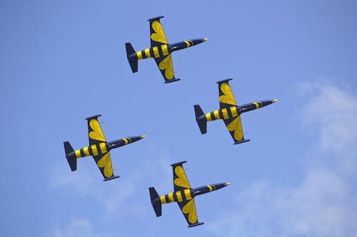 青空中の黄色と黒の航空機