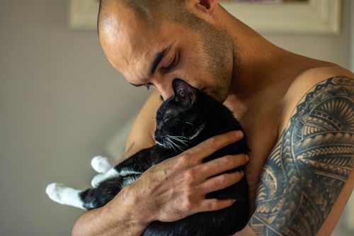 Free Shirtless man lovingly holding a black cat indoors. Tattoo visible. Stock Photo