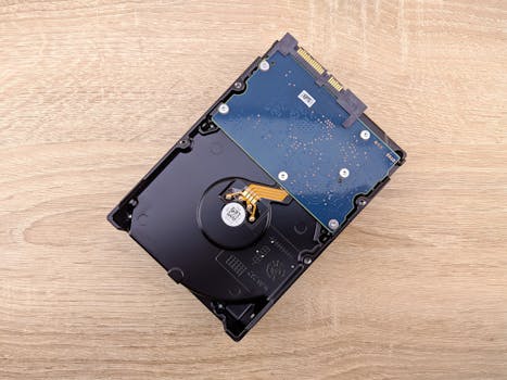 Internal hard drive displayed on a wooden surface, viewed from above.