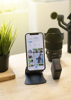 Contemporary switched on mobile phone on holder placed on table near uninterruptible power supply and photo camera lens