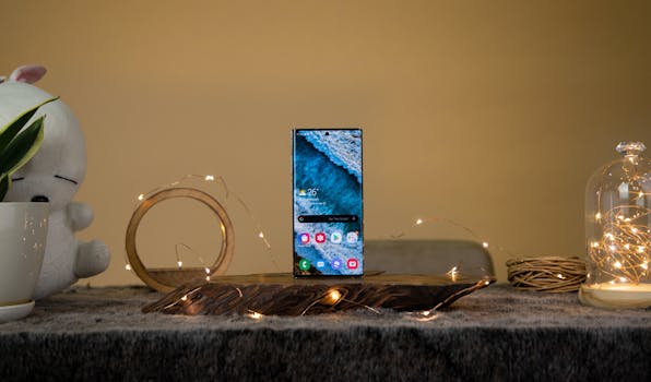 Contemporary cellphone with bright image on screen near glowing garland and decor on table on beige background