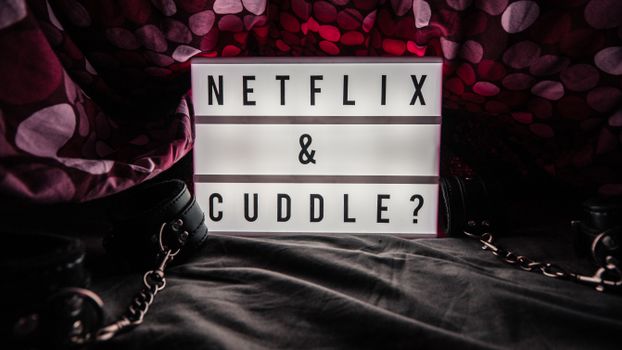 Lightbox with 'Netflix & Cuddle?' message surrounded by cozy setting and decor.