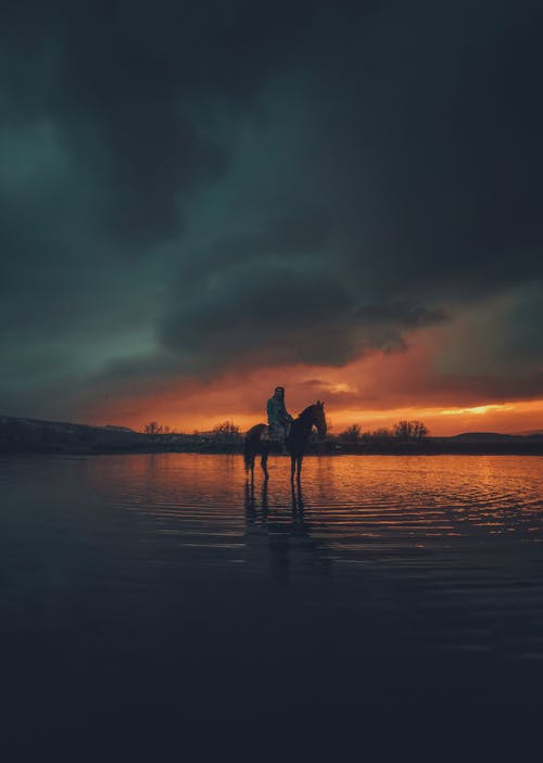 Person horseback riding in lake at sunset
