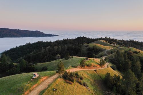 Free Aerial view of car and people on green hill in sunset in summer time Stock Photo