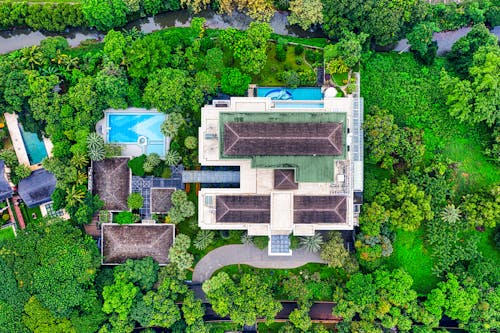 Aerial Shot of Swimming Pools Surrounded by Green Trees