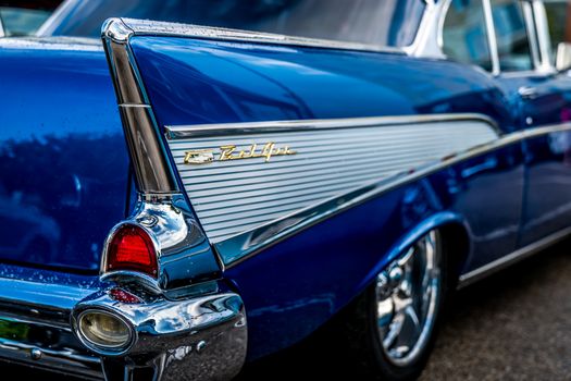 Blue and Silver Vintage Car in Close Up Shot