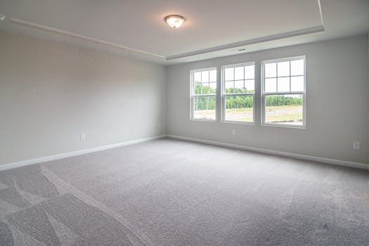 A bright, spacious empty room with large windows and plush carpet flooring, ideal for interior design.