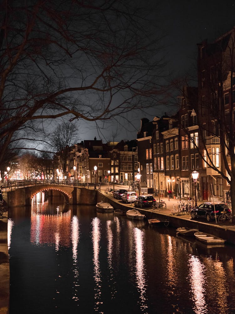 Old Town Street And Canal At Night