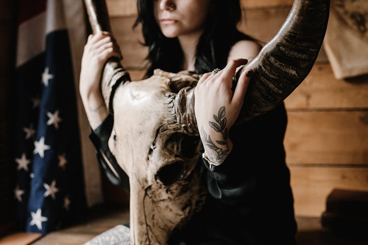 Crop Stylish Woman With Steer Skull Against Plank Wall