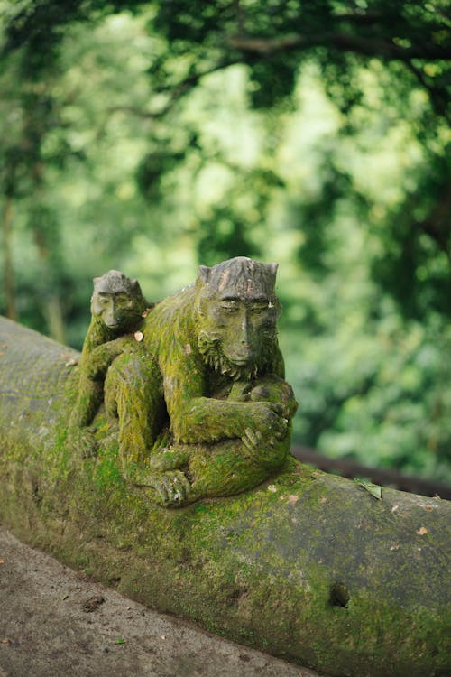 Small cute stone statue of adorable monkeys family covered with moss and located in green tropical forest