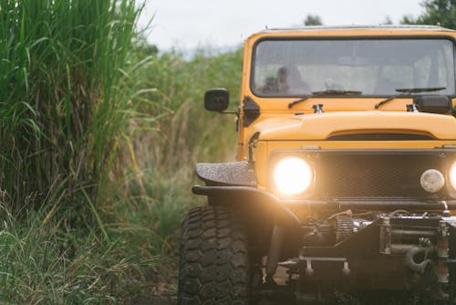 Orange car with burning headlights in countryside