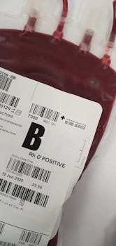 Close-up of a B positive blood bag ready for blood donation and medical use.