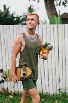 Young man in casual summer clothes carrying longboard and pineapples and looking away while enjoying time on exotic resort