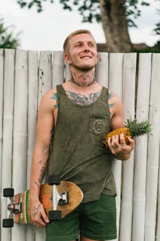 Smiling young man with a skateboard and pineapple relaxing against a bamboo fence on a summer day.