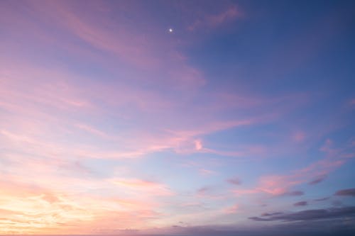 From below of colorful sunset sky with tender light pink thin clouds at sundown