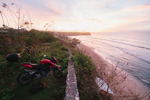 Free Lonely motorcycle on green seacoast at dawn Stock Photo
