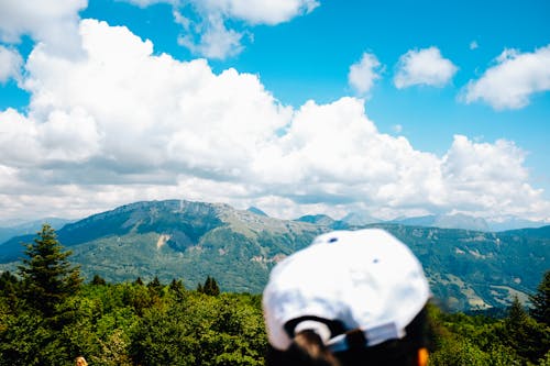 Traveler enjoying view of high mountains and green forest