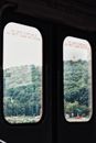 Through window of door of train riding through hill covered with green forest
