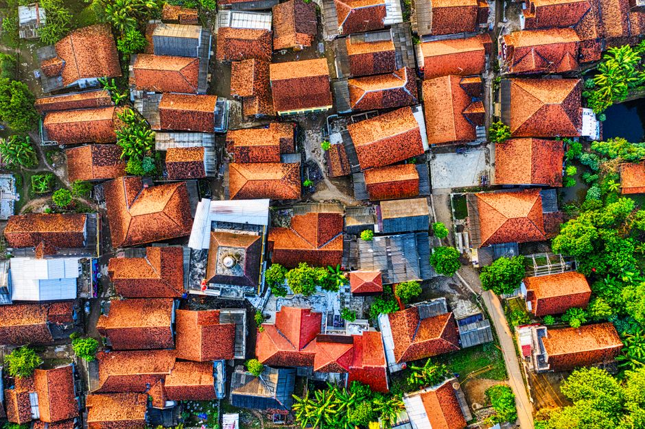 Vibrant aerial view of traditional rooftops.