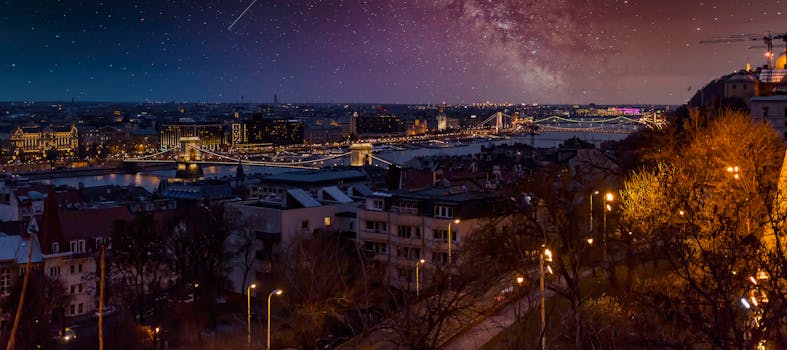 布达佩斯夜晚的城市景观格外美丽，星空下桥梁与城市灯光交相辉映