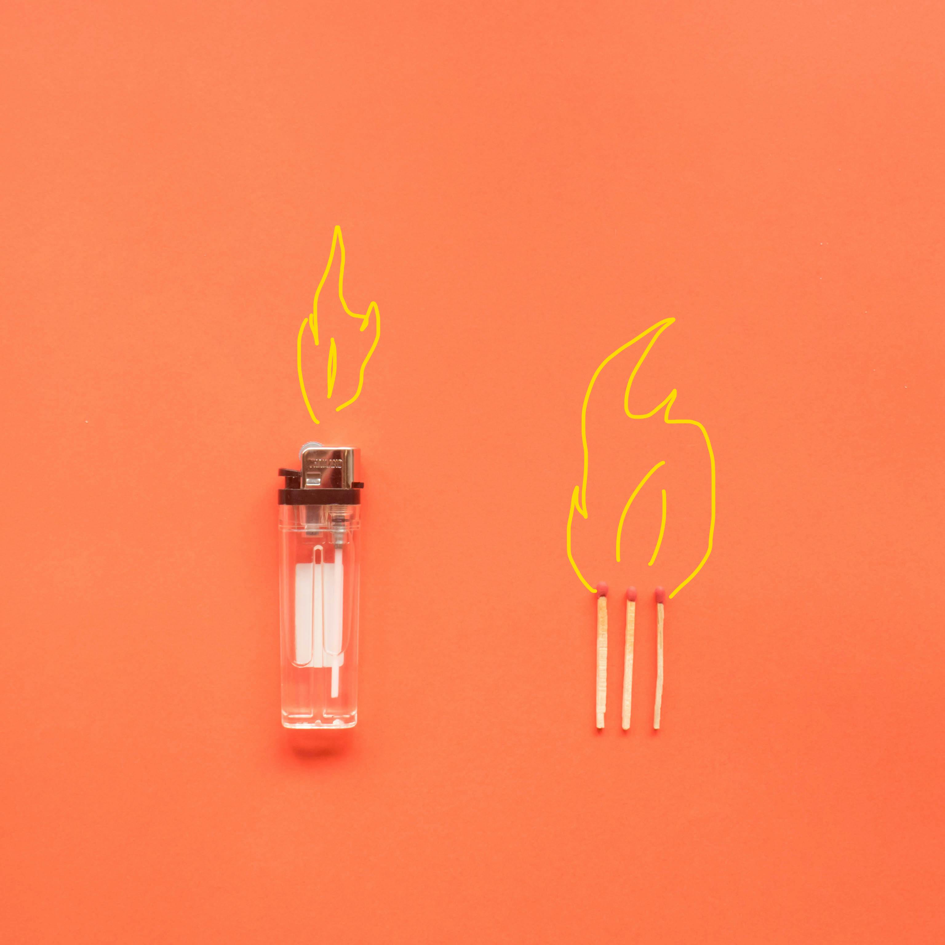 cigarette lighter and matches placed on orange background