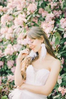 一位身穿白衣的优雅女子，在充满活力的花园中，伴着盛开的鲜花，散发着美丽