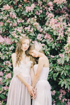 两名身着精致连衣裙的女子置身于郁郁葱葱的粉色花丛中，营造出迷人而空灵的氛围