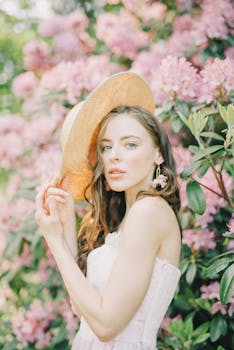 一位戴着草帽的优雅女子在花园里摆姿势，周围是郁郁葱葱的粉红色花朵，充满活力