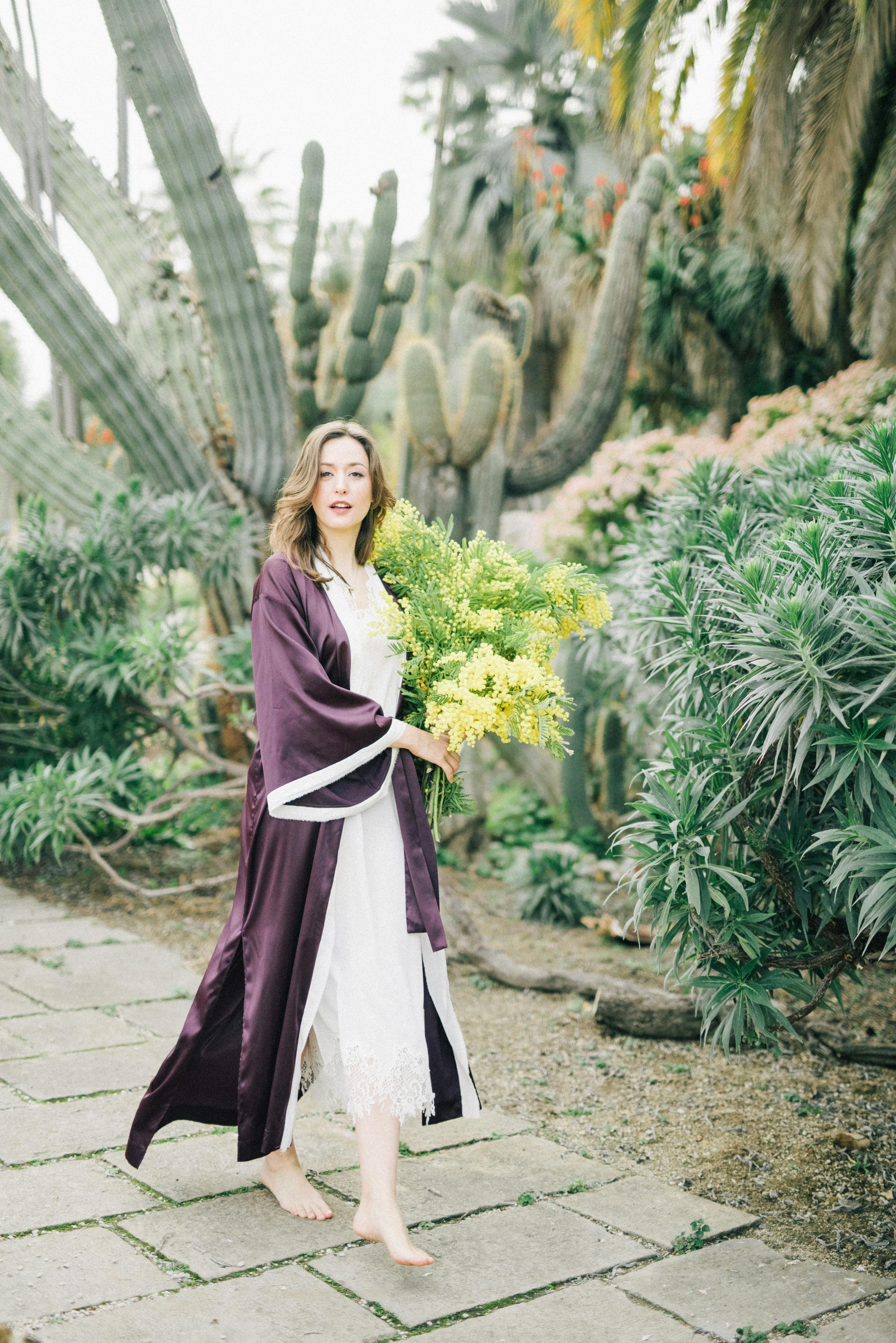 Braless Fashion Model in Satin Robe · Free Stock Photo