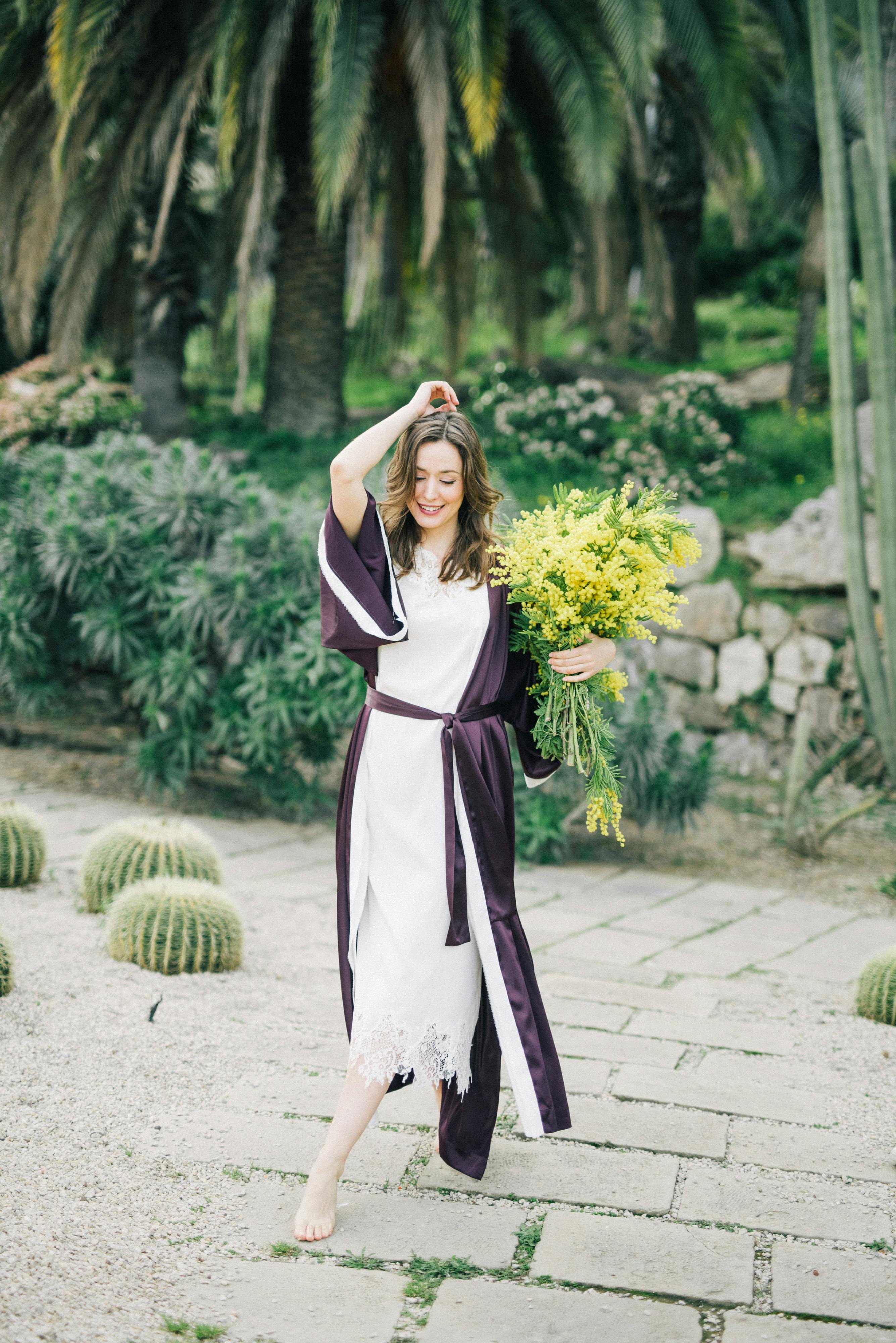 Braless Fashion Model in Satin Robe · Free Stock Photo