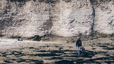 Anonymous person with kid walking along rocky shore near cliff