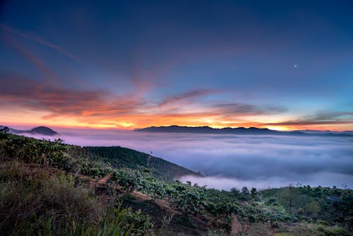 Amazing scenery of mountainous valley with green trees hidden in clouds against sunset sky