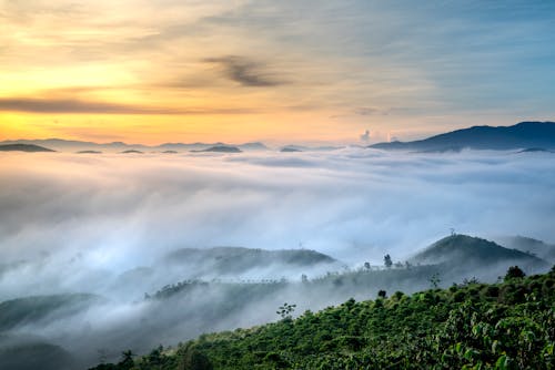 Majestic scenery of thick fluffy clouds floating over high green mountain range with tropical trees at sunrise