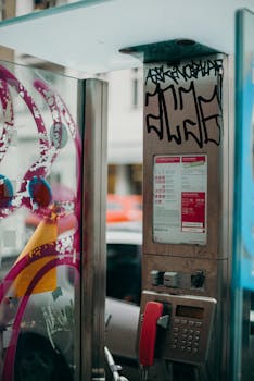 A vintage telephone booth adorned with vibrant graffiti in an urban street setting.