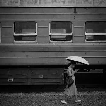 Black and white old train on railway and female in casual wear with backpack wearing face mask walking under umbrella