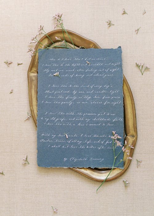 Blue Sheet of Paper with Handwriting on Brown Oval Tray