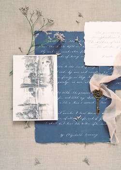 Vintage key on textured fabric with printed papers and dried flowers, creating an elegant, timeless scene.
