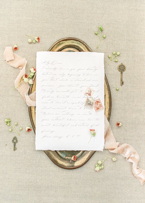 White Sheet of Paper with Handwriting on Top of Oval Brown Tray