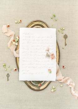 A vintage-style handwritten letter on a tray with floral accents and keys, perfect for nostalgic themes.