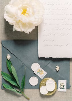 Beautiful flat lay of vintage stationery, peony, and envelope with calligraphy details.