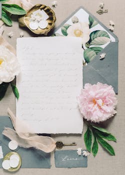 A beautifully arranged vintage letter surrounded by a pink peony, key, and floral envelope, creating a soft, romantic ambiance.