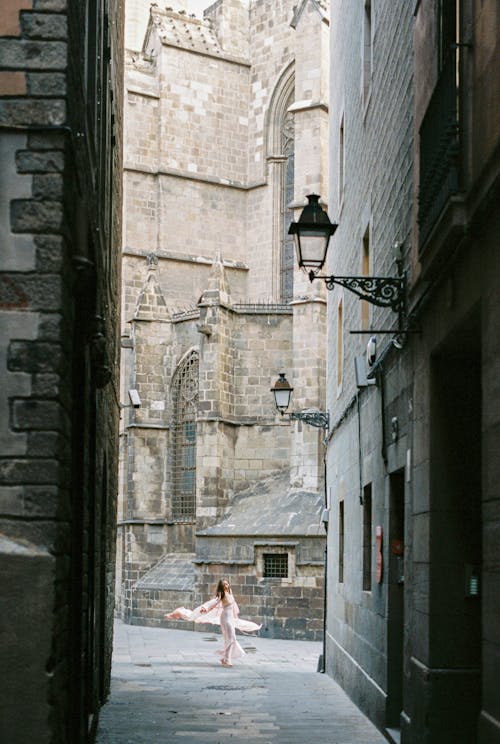 Woman in Pink Dress Standing in the Alley