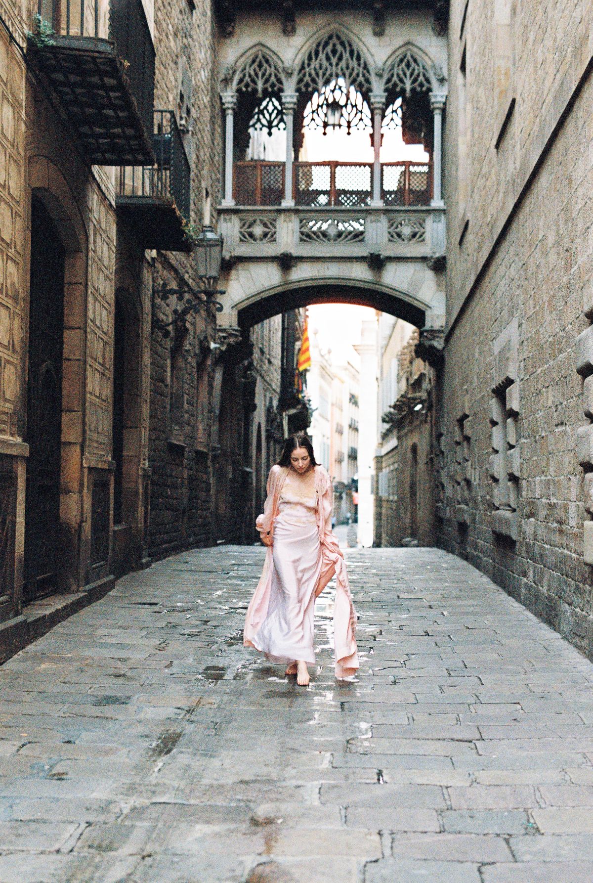A woman in a pink dress