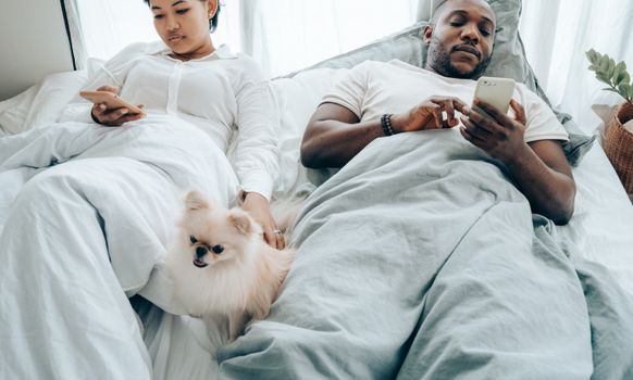一对年轻夫妇躺在床上，用智能手机逗弄一只可爱的博美犬
